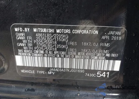 2019 Mitsubishi Outlander Se/Sel/Le from USA, damaged, VIN JA4AD3A37KJ001690